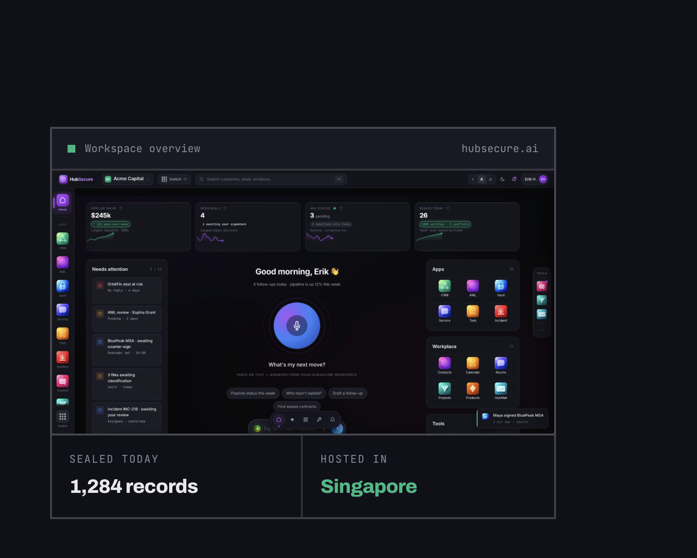HubSecure workspace overview