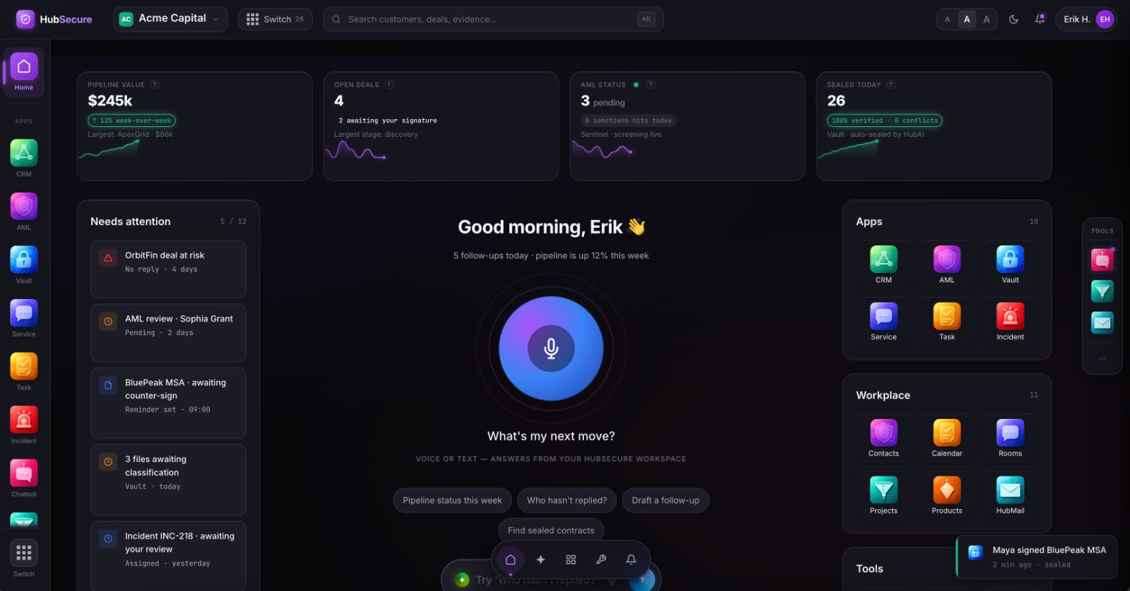 HubSecure workspace overview